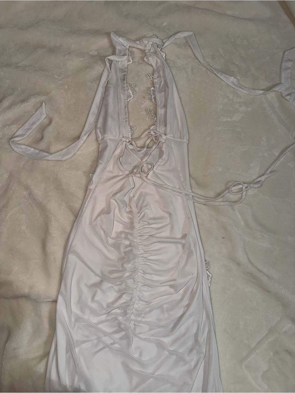 Backless White Floral-Appliqué Halter Dress - Picture 3 of 3